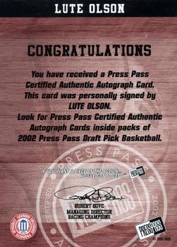 2002 Press Pass - Autographs #NNO Lute Olson Back