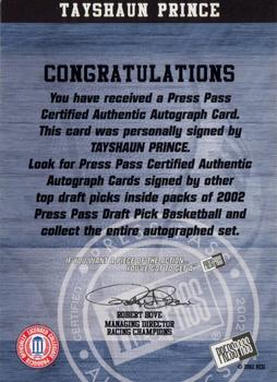 2002 Press Pass - Autographs #NNO Tayshaun Prince Back