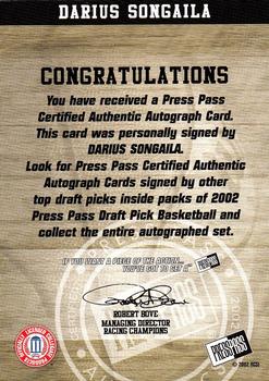 2002 Press Pass - Autographs #NNO Darius Songaila Back