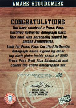 2002 Press Pass - Autographs #NNO Amare Stoudemire Back