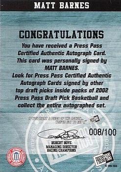 2002 Press Pass - Autographs Silver #1 Matt Barnes Back