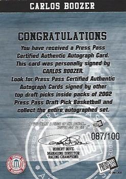 2002 Press Pass - Autographs Silver #3 Carlos Boozer Back