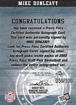 2002 Press Pass - Autographs Silver #10 Mike Dunleavy Back