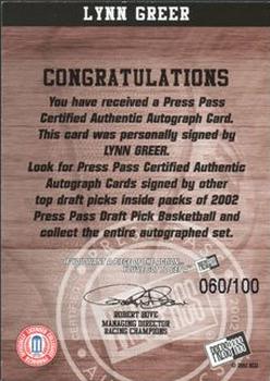 2002 Press Pass - Autographs Silver #14 Lynn Greer Back