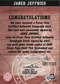 2002 Press Pass - Autographs Silver #17 Jared Jeffries Back