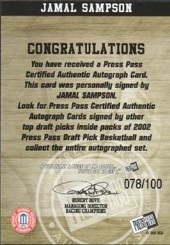2002 Press Pass - Autographs Silver #25 Jamal Sampson Back