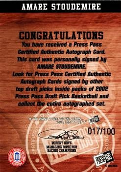 2002 Press Pass - Autographs Silver #30 Amare Stoudemire Back