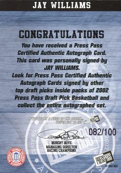 2002 Press Pass - Autographs Silver #37 Jay Williams Back