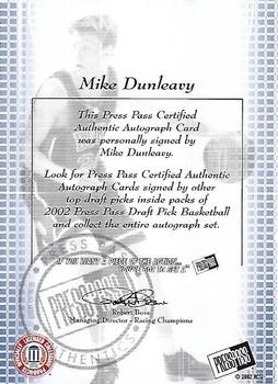 2002 Press Pass - Power Pick Autographs #NNO Mike Dunleavy Back