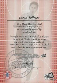 2002 Press Pass - Power Pick Autographs #NNO Jared Jeffries Back