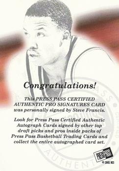 2002 Press Pass - Pro Autographs #NNO Steve Francis Back
