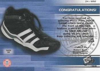 2002 Press Pass - Pro Shoes #SHMMI Mike Miller Back