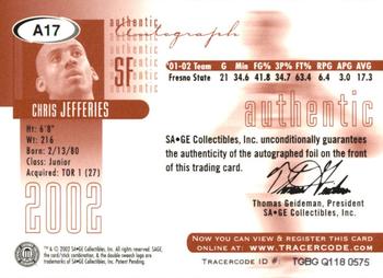 2002 SAGE - Autographs Bronze #A17 Chris Jefferies Back