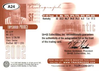 2002 SAGE - Autographs Bronze #A24 Tayshaun Prince Back