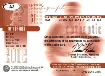 2002 SAGE - Autographs Gold #A3 Matt Barnes Back