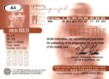 2002 SAGE - Autographs Gold #A4 Carlos Boozer Back