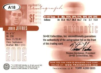 2002 SAGE - Autographs Gold #A18 Jared Jeffries Back