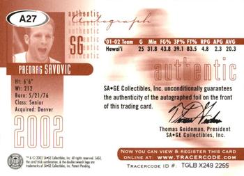 2002 SAGE - Autographs Platinum #A27 Predrag Savovic Back