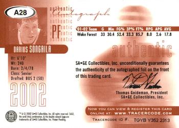 2002 SAGE - Autographs Platinum #A28 Darius Songaila Back