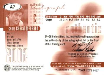 2002 SAGE - Autographs Red #A7 Chris Christoffersen Back