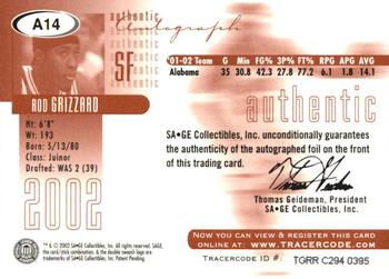 2002 SAGE - Autographs Red #A14 Rod Grizzard Back