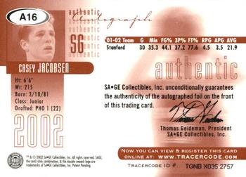 2002 SAGE - Autographs Red #A16 Casey Jacobsen Back