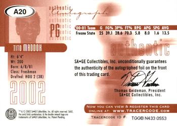 2002 SAGE - Autographs Red #A20 Tito Maddox Back