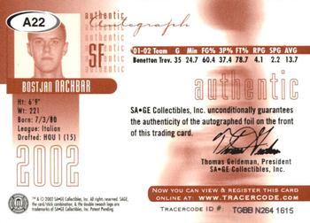 2002 SAGE - Autographs Red #A22 Bostjan Nachbar Back