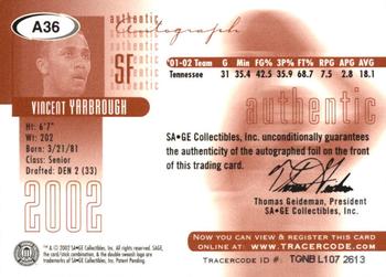2002 SAGE - Autographs Red #A36 Vincent Yarbrough Back