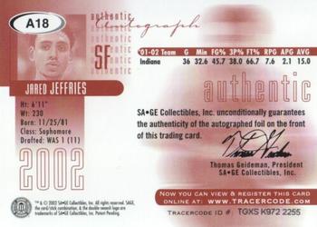 2002 SAGE - Autographs Silver #A18 Jared Jeffries Back