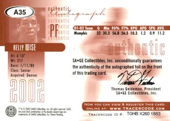 2002 SAGE - Autographs Silver #A35 Kelly Wise Back