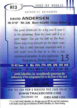 2002 SAGE HIT - Autographs Emerald #H13 David Andersen Back