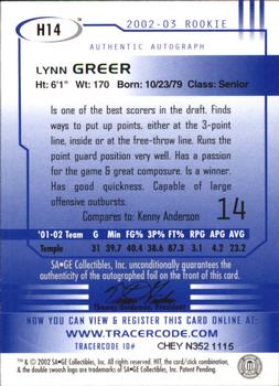 2002 SAGE HIT - Autographs Emerald #H14 Lynn Greer Back