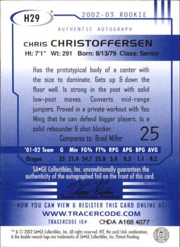 2002 SAGE HIT - Autographs Gold #H29 Chris Christoffersen Back