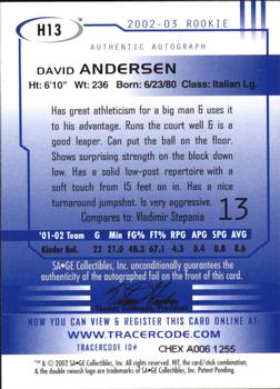 2002 SAGE HIT - Autographs Silver #H13 David Andersen Back