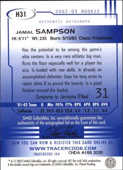 2002 SAGE HIT - Autographs Silver #H31 Jamal Sampson Back