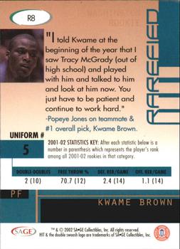 2002 SAGE HIT - Rarefied Silver #R8 Kwame Brown Back