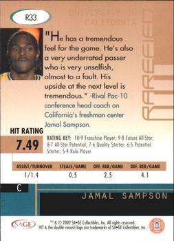 2002 SAGE HIT - Rarefied Silver #R33 Jamal Sampson Back
