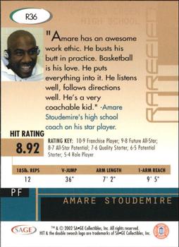 2002 SAGE HIT - Rarefied Silver #R36 Amare Stoudemire Back