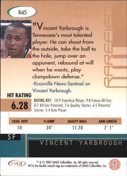 2002 SAGE HIT - Rarefied Silver #R45 Vincent Yarbrough Back