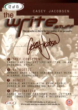 2002 SAGE HIT - The Write Stuff #12 Casey Jacobsen Back