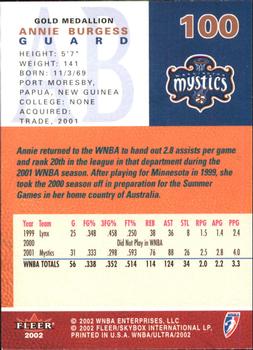 2002 Ultra WNBA - Gold Medallion #100 Annie Burgess Back