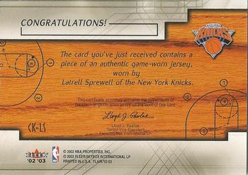 2002-03 Flair - Court Kings Game Used #CK-LS Latrell Sprewell Back