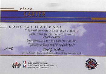 2002-03 Flair - Jersey Heights #JH-VC Vince Carter Back