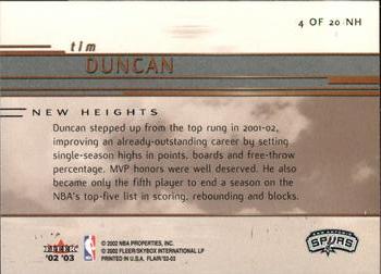 2002-03 Flair - New Heights #4 NH Tim Duncan Back