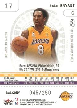 2002-03 Fleer Authentix - Balcony #17 Kobe Bryant Back