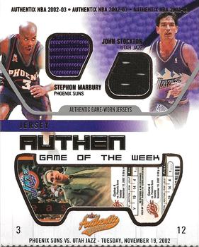 2002-03 Fleer Authentix - Jersey Authentix Game of the Week Ripped #SM-JS Stephon Marbury / John Stockton Front