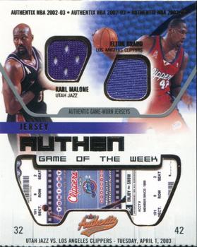 2002-03 Fleer Authentix - Jersey Authentix Game of the Week Ripped #KM-EB Karl Malone / Elton Brand Front