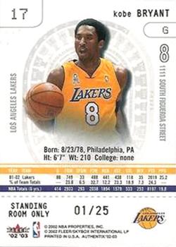 2002-03 Fleer Authentix - Standing Room Only #17 Kobe Bryant Back