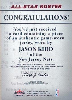 2002-03 Fleer Box Score - All-Stars Roster Game-Used #NNO Jason Kidd / Allen Iverson / Tracy McGrady Back